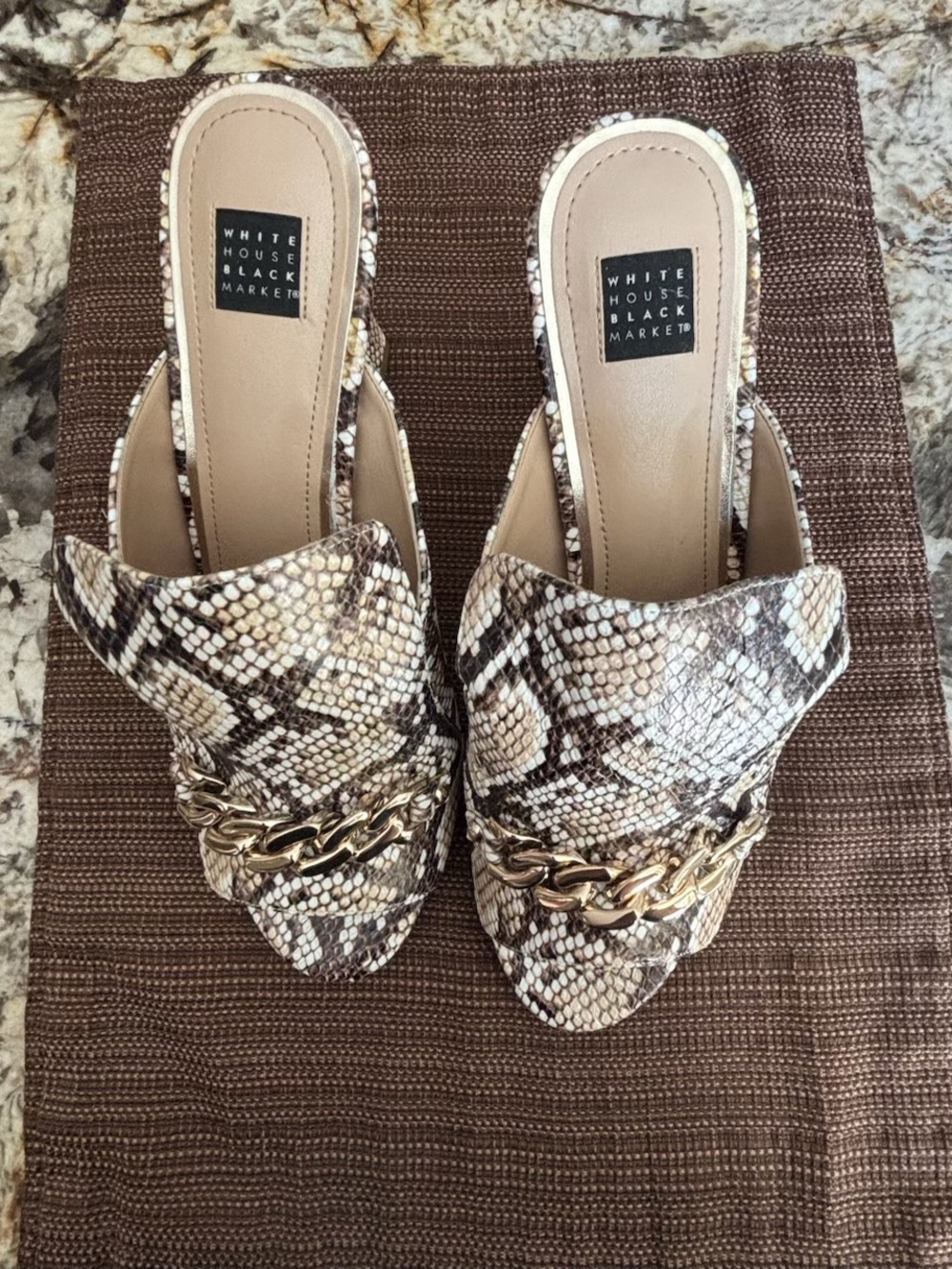 White House Black Market Snake-Print Chain Slip-On Mules in Neutral Tones